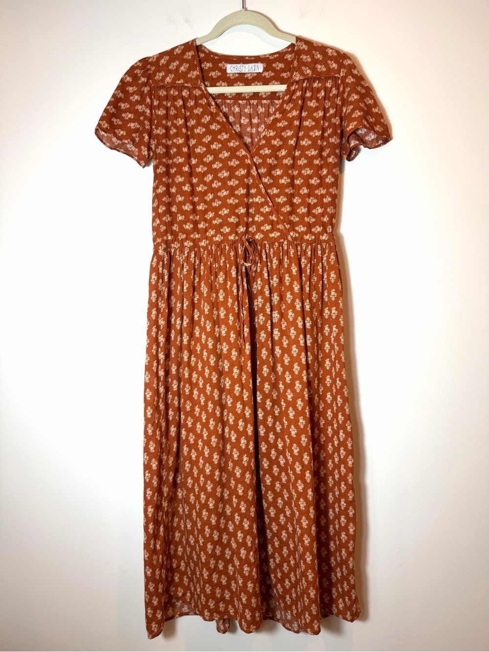 Christy Dawn The Dawn Rust Orange Block Print Floral Midi Upcycled Deadstock SM
